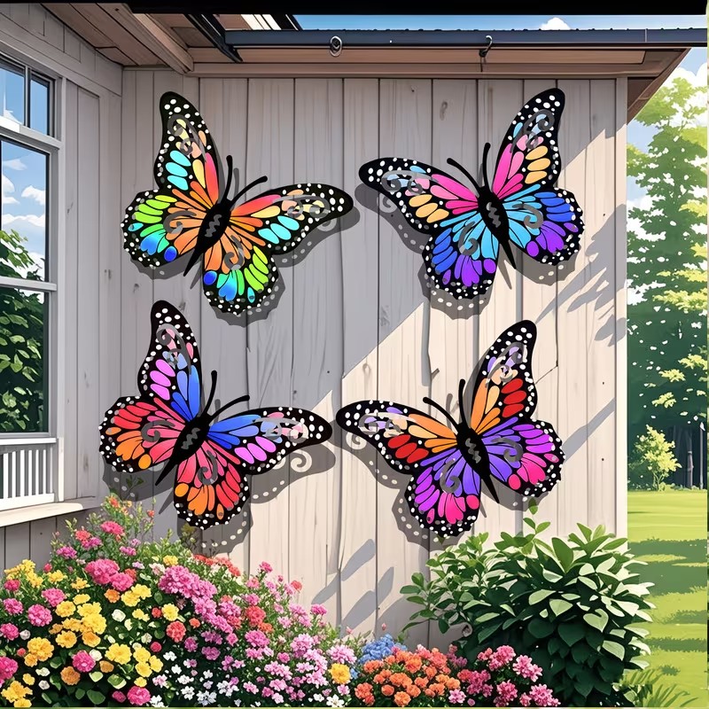 Home Decor Outside - 4개의 다채로운 금속 나비 조각상 벽
