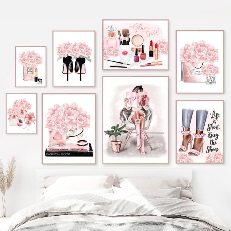 Home Decor Japandi - 핑크 꽃 파리 향수 패션 립스틱