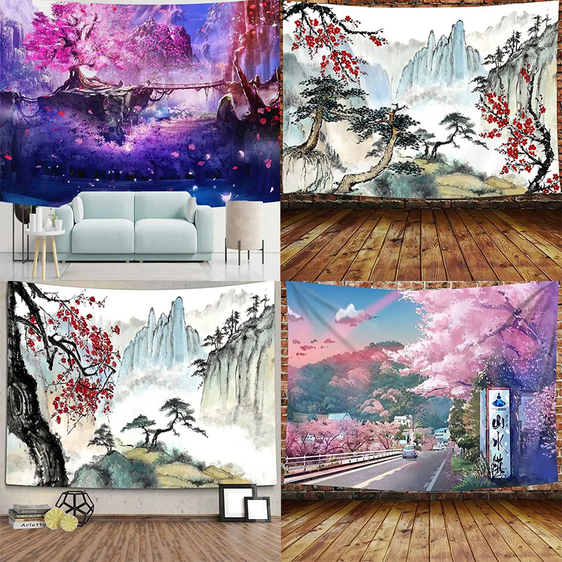 Aesthetic Tapestry - 일본 산과 벚꽃 태피스트리 사쿠라 마을