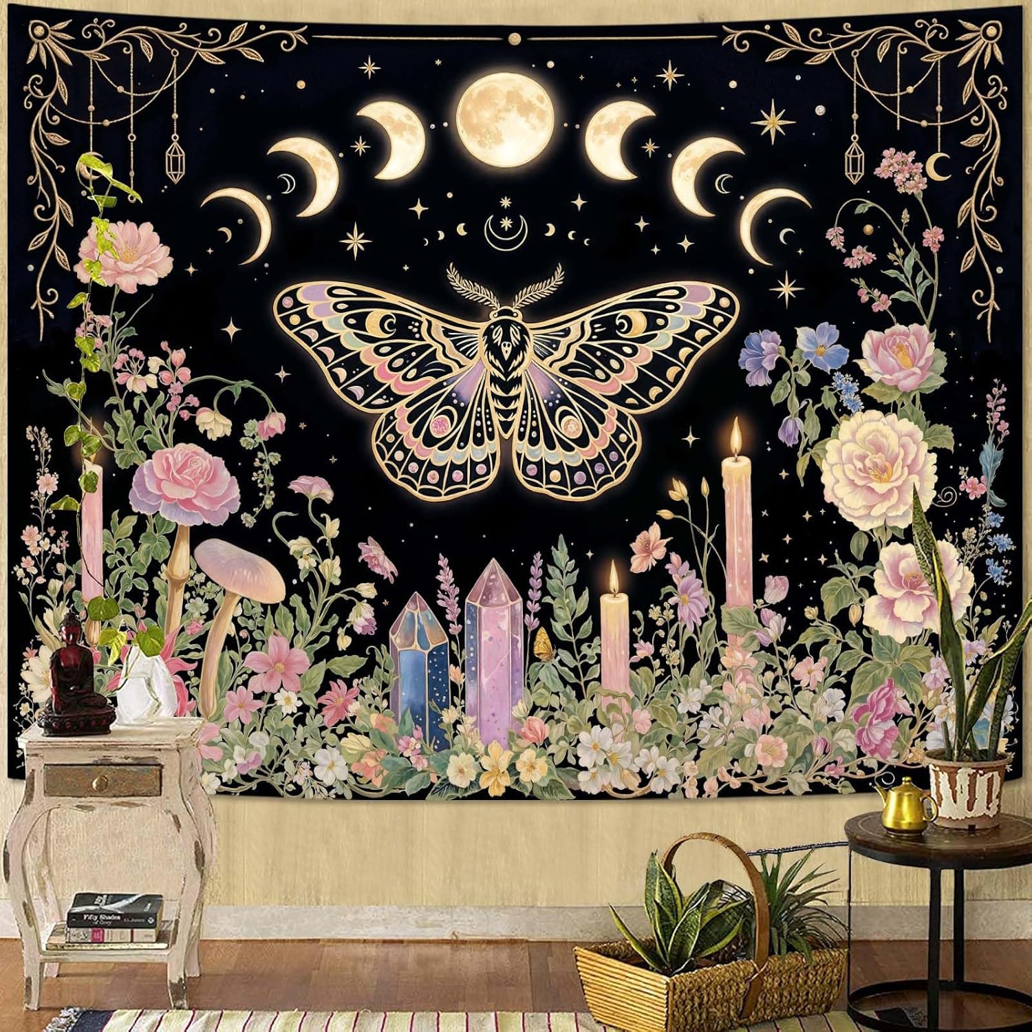 나비 태피스트리 벽걸이 달의 위상 꽃무늬 캔들 크리스탈 - Aesthetic Tapestry 리뷰 및 가격
