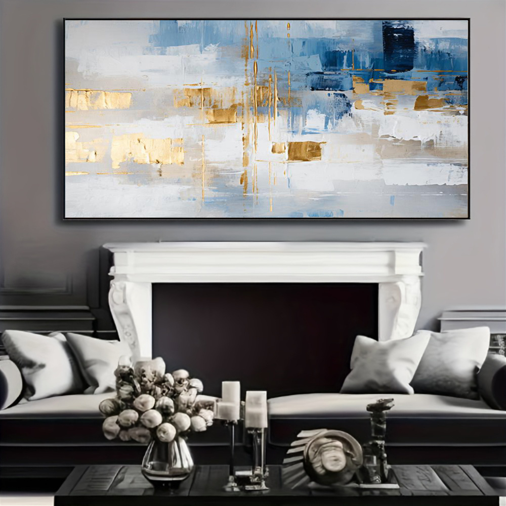 100% 수작업 추상 유화 블루 및 오렌지 블루 골드  - Home Decor Free Images 리뷰 및 가격