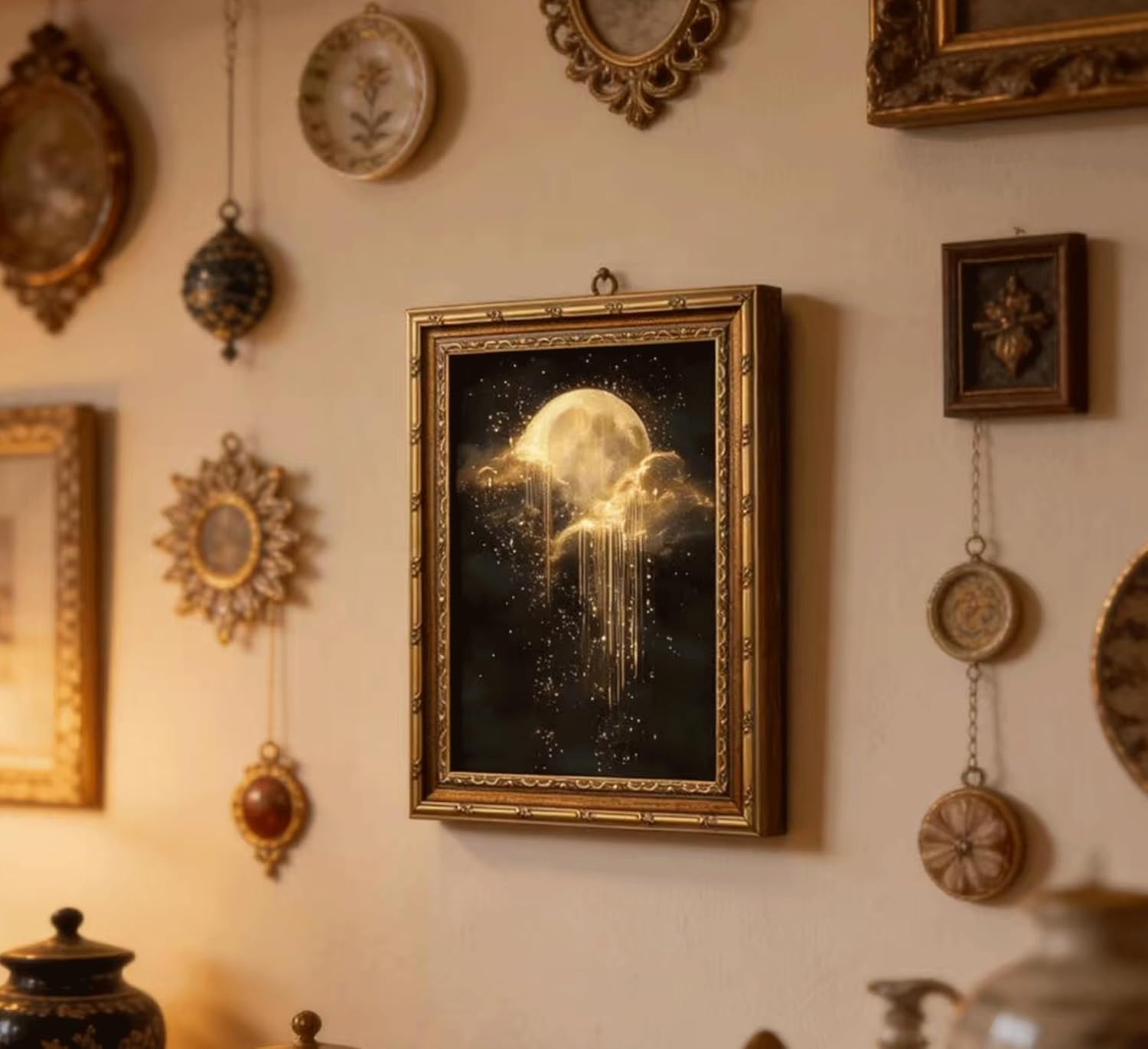 앤틱 액자 천상의 캔버스 벽 장식 황금 달 별이 빛나는 - Home Decor Mirror 리뷰 및 가격
