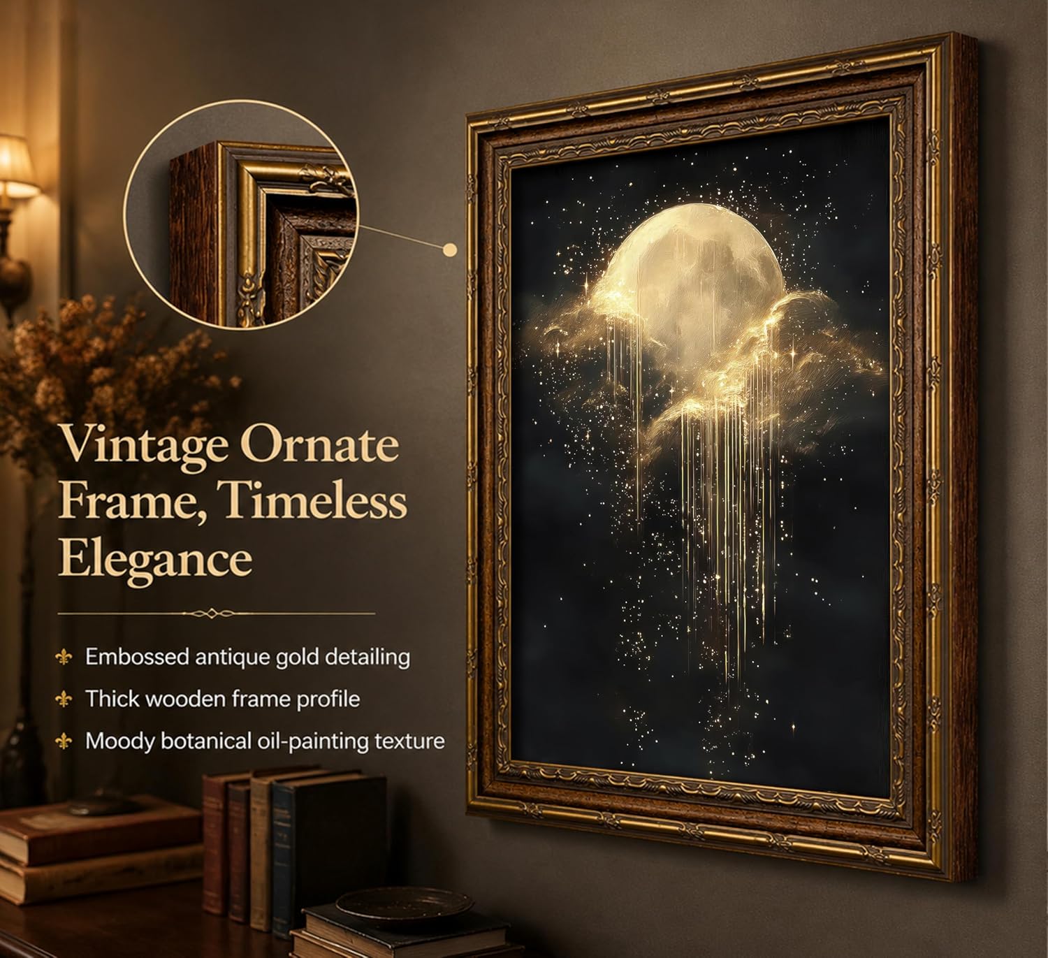 앤틱 액자 천상의 캔버스 벽 장식 황금 달 별이 빛나는 - Home Decor Mirror 리뷰 및 가격