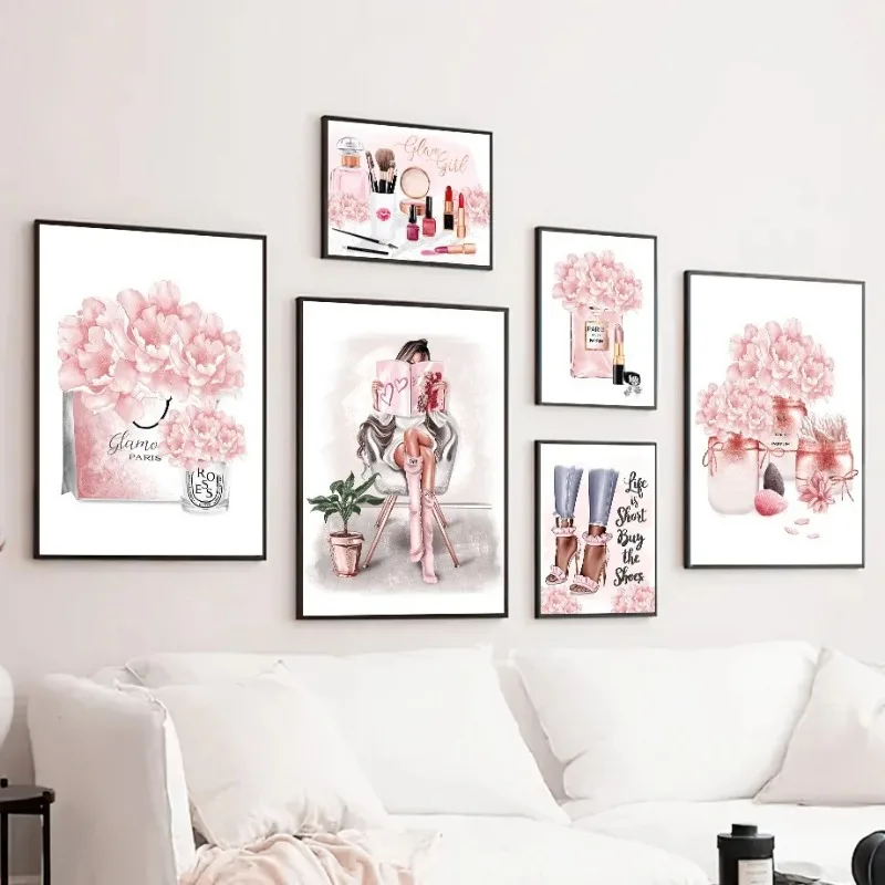 핑크 꽃 파리 향수 패션 립스틱 힐 소녀 아트 캔버스  - Home Decor Japandi 리뷰 및 가격