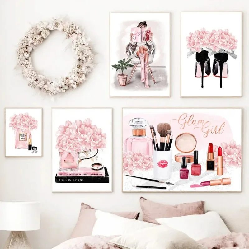 핑크 꽃 파리 향수 패션 립스틱 힐 소녀 아트 캔버스  - Home Decor Japandi 리뷰 및 가격