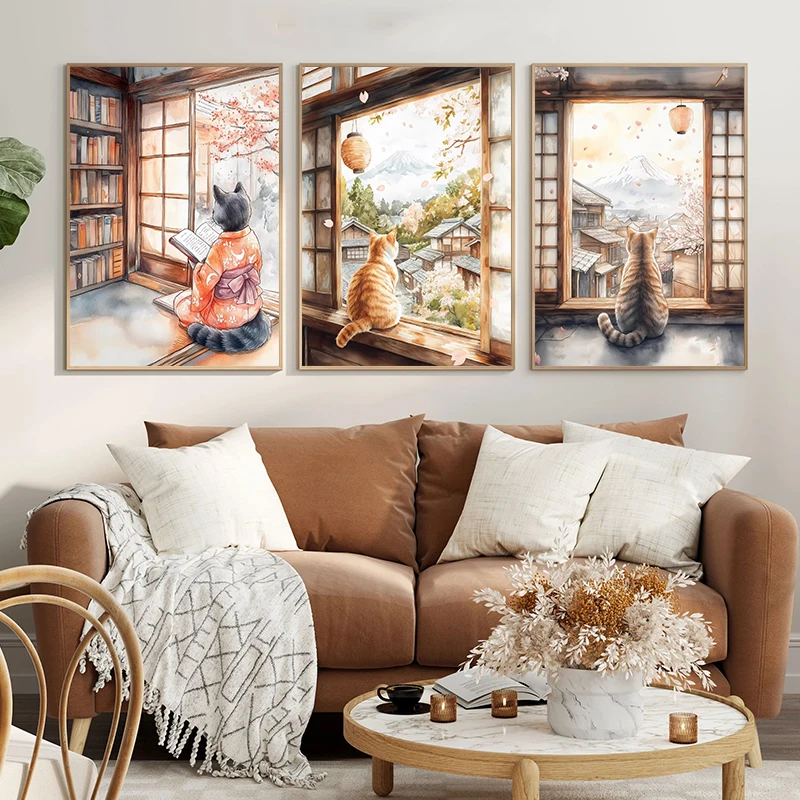 일본 검은 고양이 목욕 달 행운의 고양이 만화 일러스트 - Home Decor Japandi 리뷰 및 가격