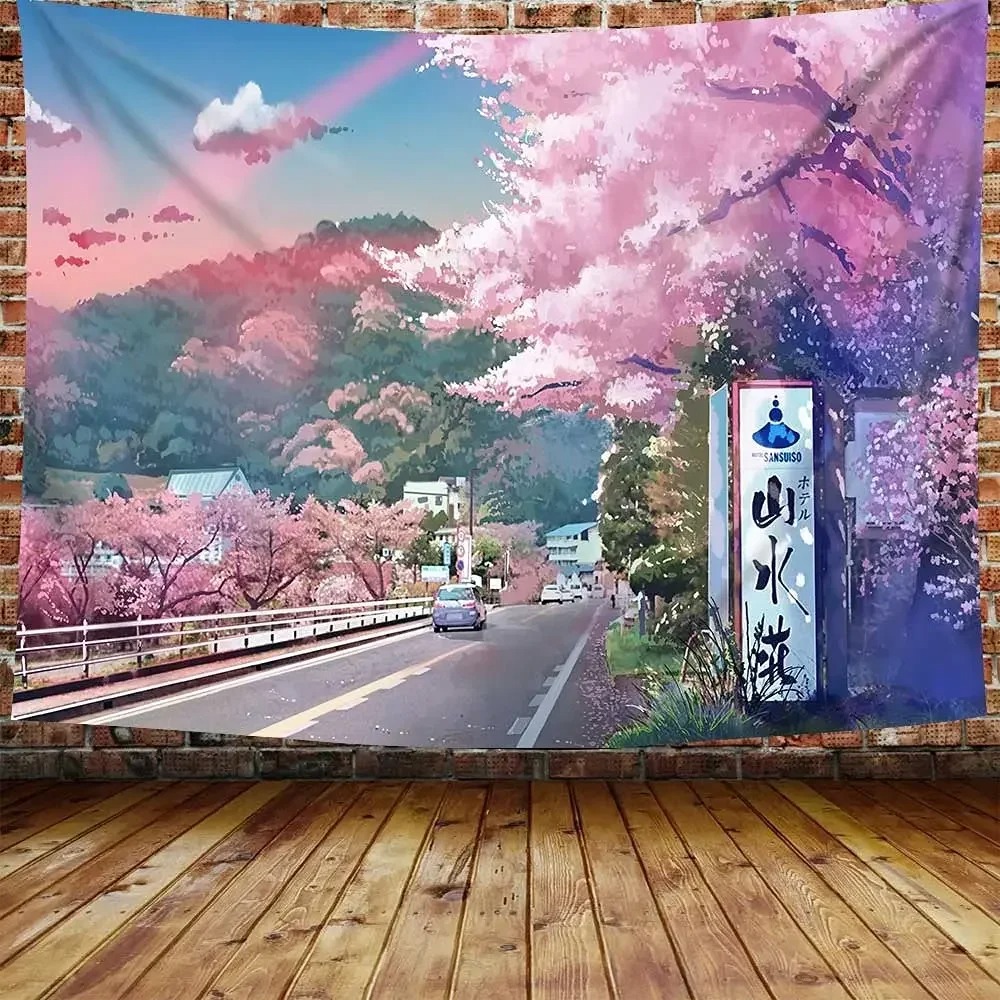 일본 산과 벚꽃 태피스트리 사쿠라 마을 미적 예술 침실 - Aesthetic Tapestry 리뷰 및 가격