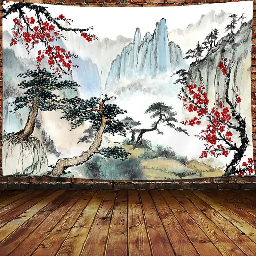일본 산과 벚꽃 태피스트리 사쿠라 마을 미적 예술 침실 - Aesthetic Tapestry 리뷰 및 가격
